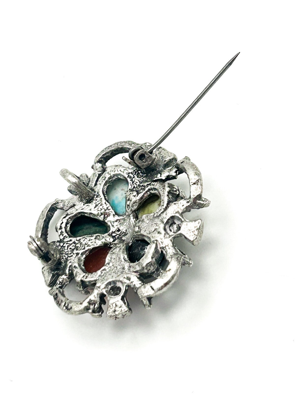 Signed MIRACLE Pewter Celtic Scottish Thistle Brooch Glass Cabouchon