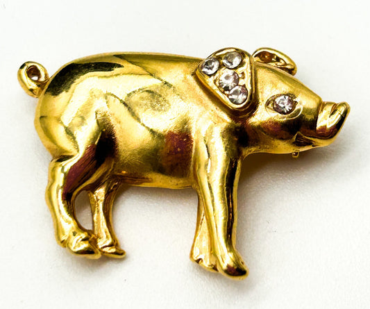 Cute Pig Brooch Gold Tone Figural Animal Pin Vintage