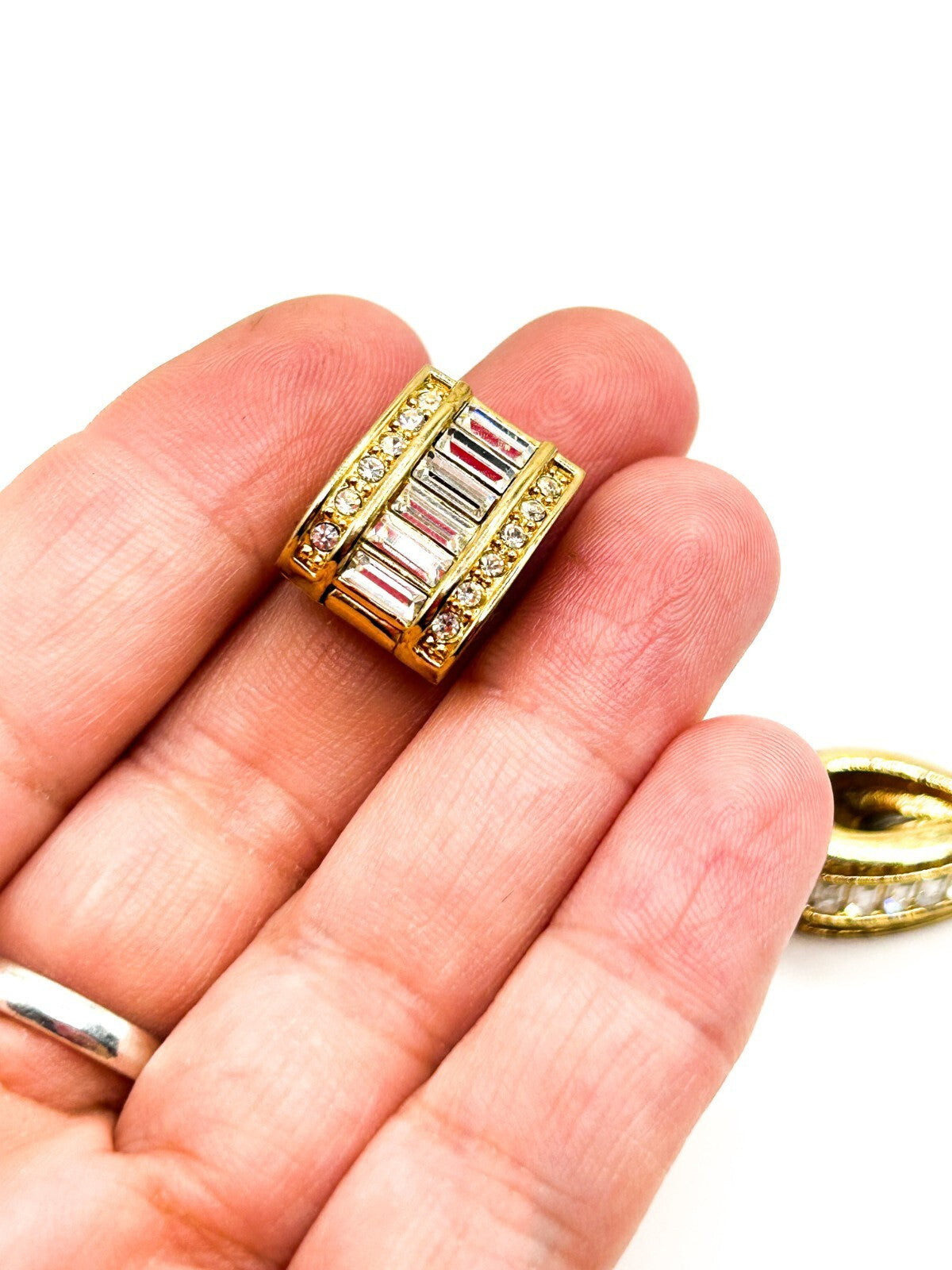 Vintage Monet Gold Tone Baguette Rhinestone Magnetic Earrings Original Card