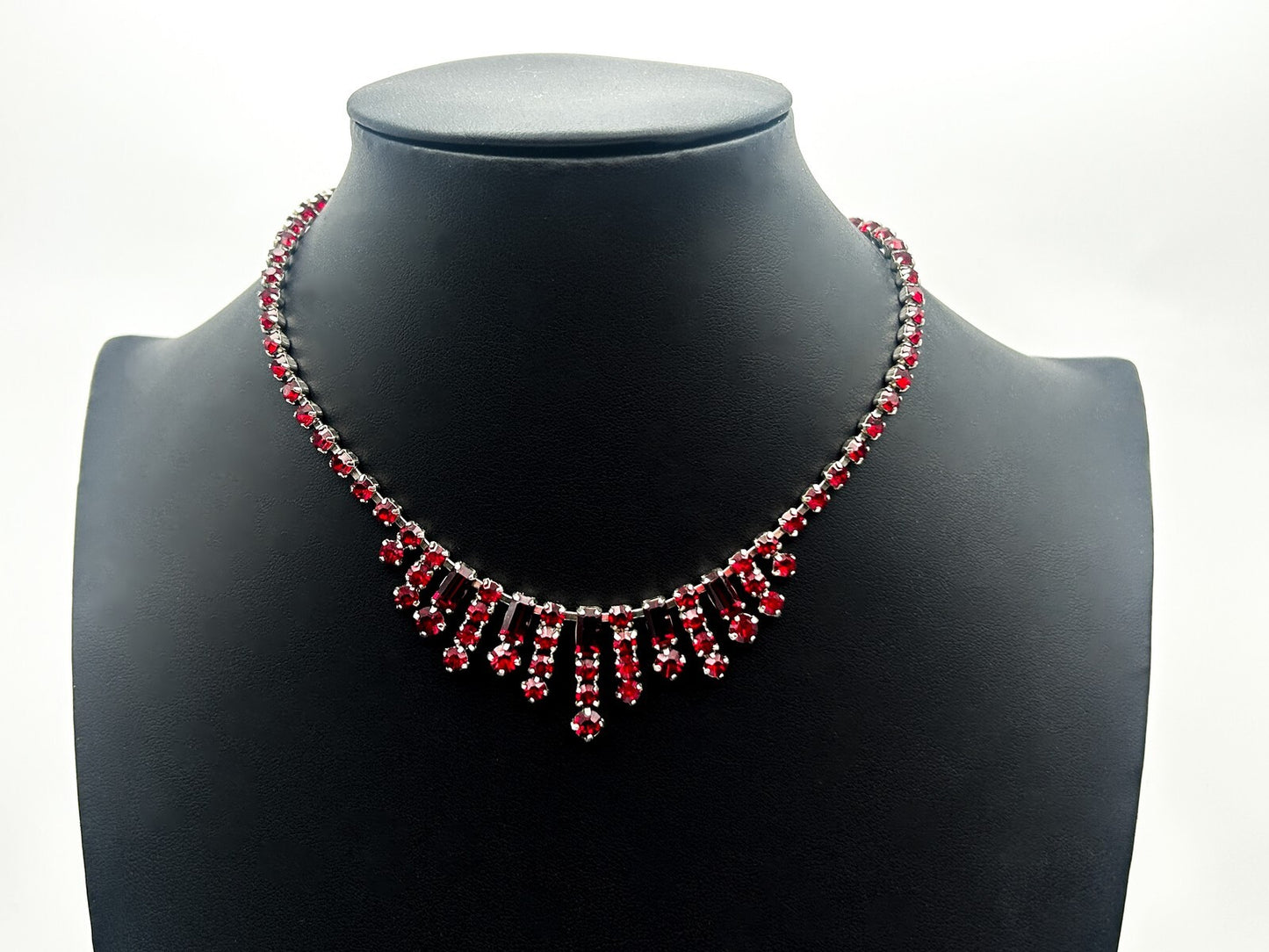 Vintage Red Rhinestone Fringe Statement Necklace Baguette Drop 14.5”