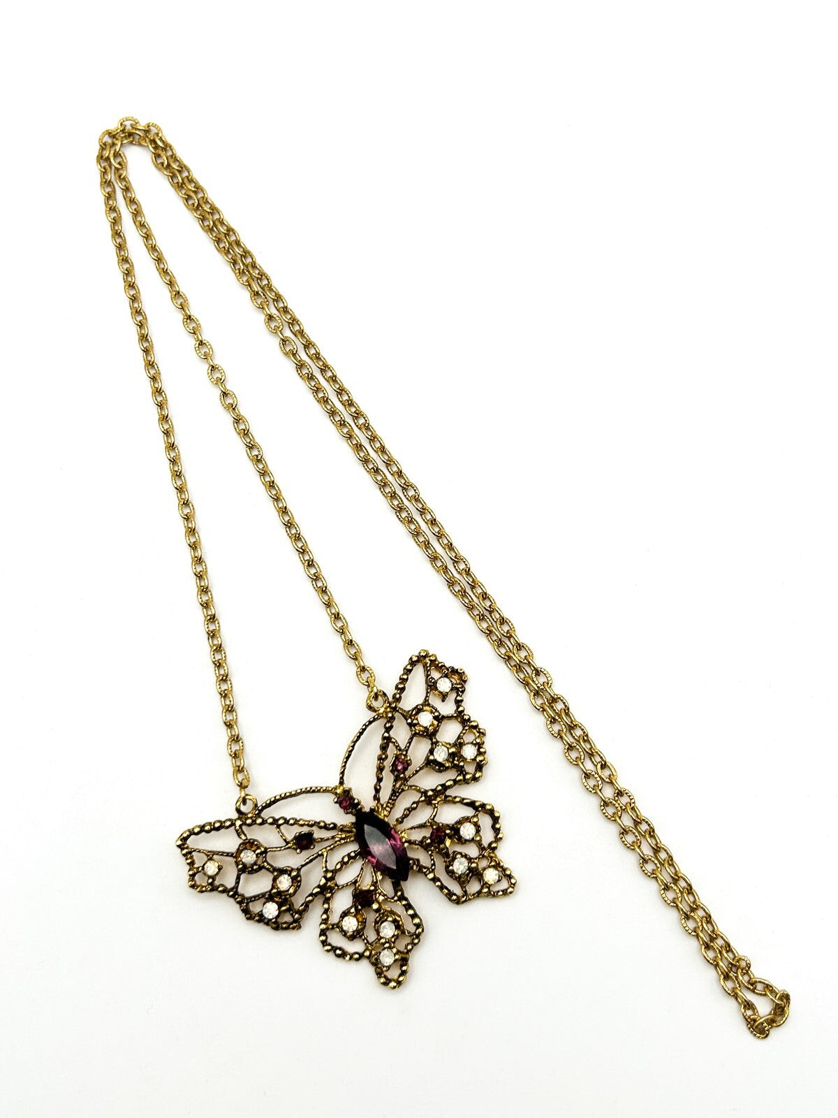 Signed Hollywood Gold Tone Openwork Butterfly Rhinestone Necklace