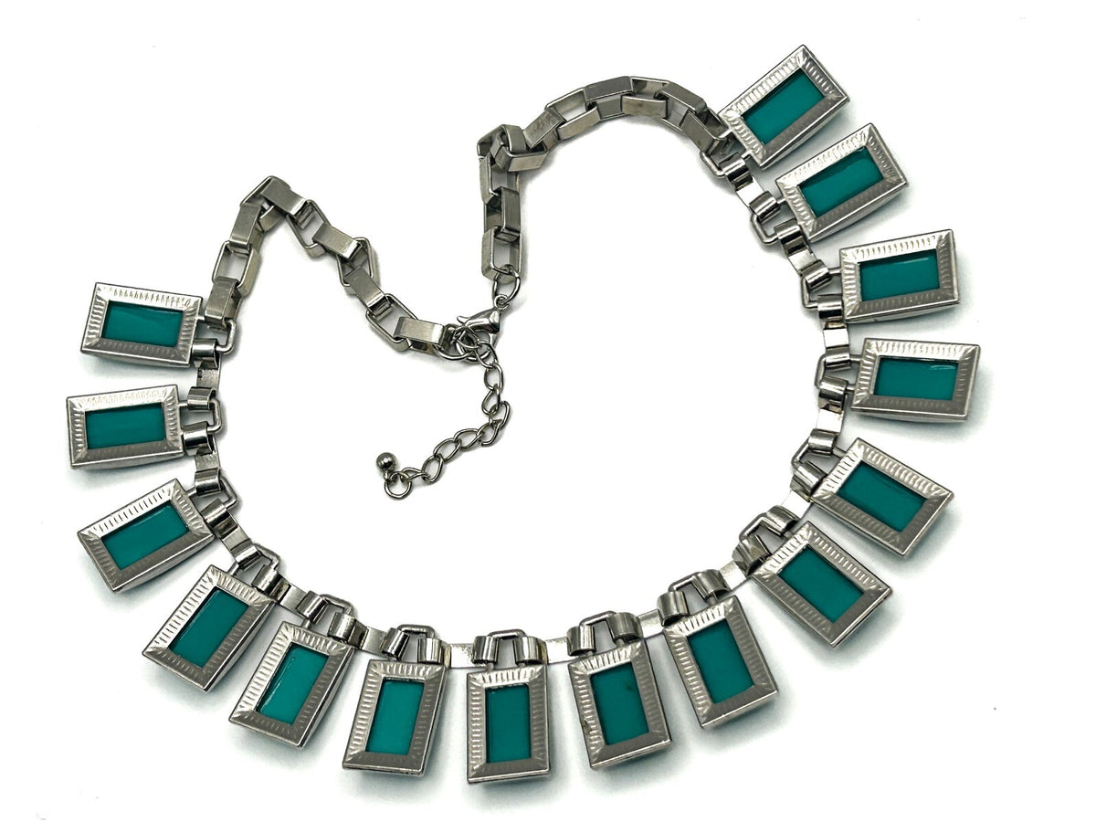 Aqua / Teal Curved Panel Cabouchon Collar Industrial Statement Necklace