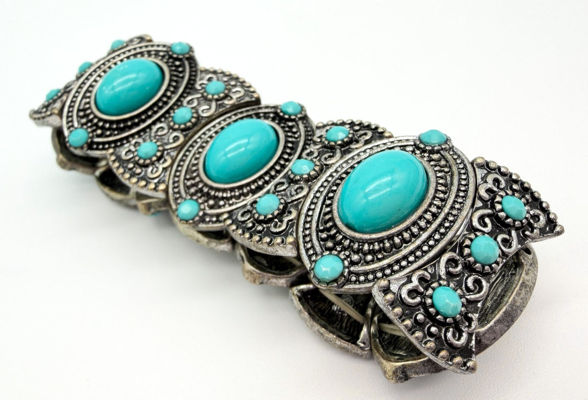 Ornate Faux Turquoise Stretch Cuff Bracelet Silver Tone Statement Boho Statement