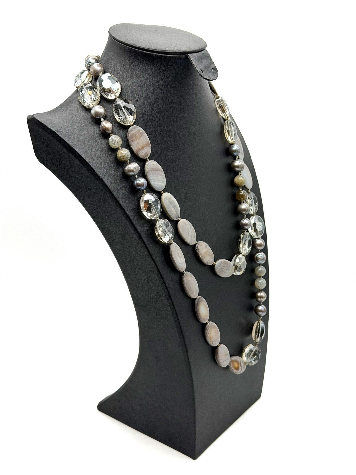 Vintage Hand-Knotted Grey Mother of Pearl, Tahitian Pearl & Glass Long Necklace