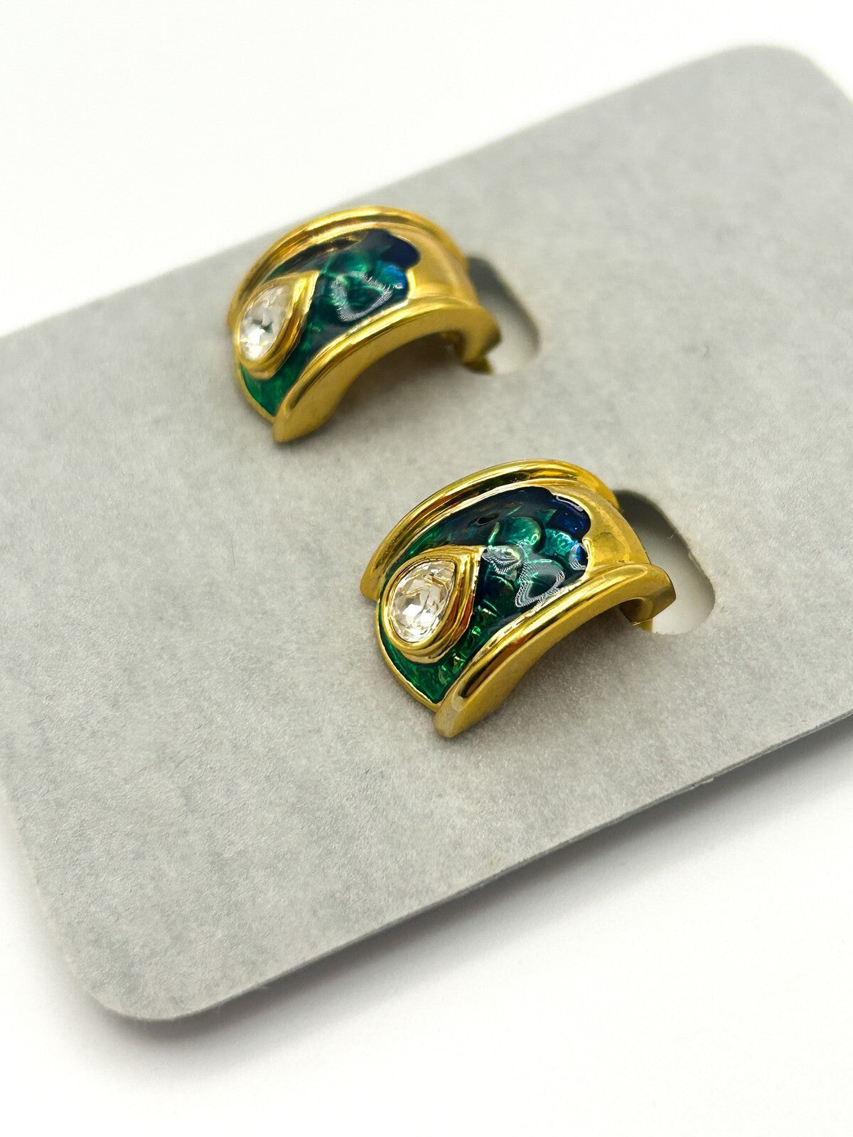 Vintage Cabouchon Angel Fish Brooch & Earrings Set Green Enamel Rhinestone NOC