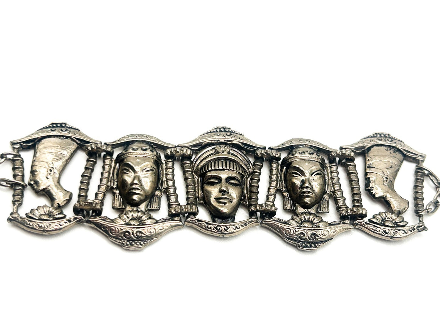 Vintage Ethnic Revival Silver Tone Panel Bracelet