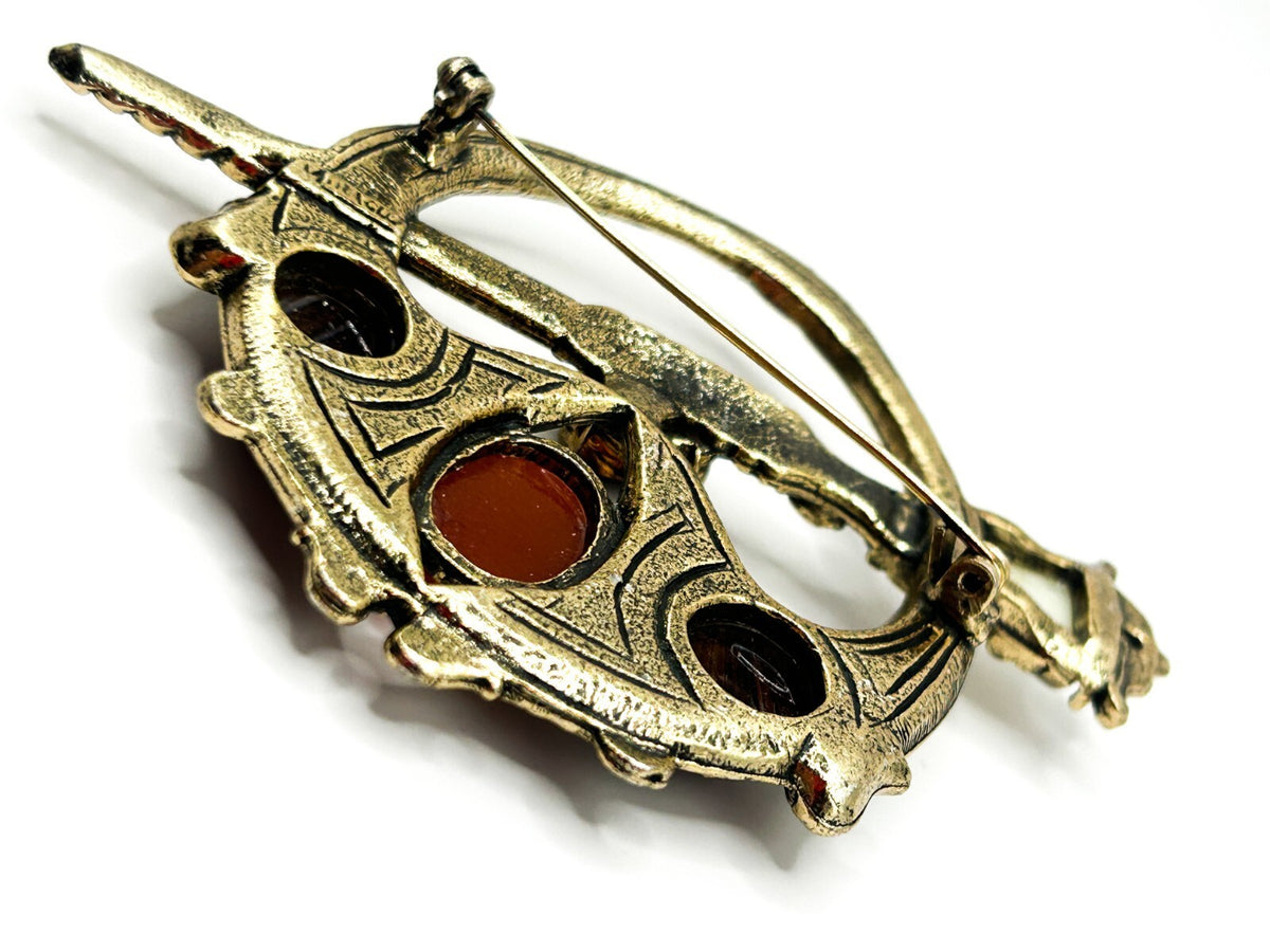 Miracle Celtic Brooch Vintage Faux Carnelian Agate Glass Penannular Cloak Pin