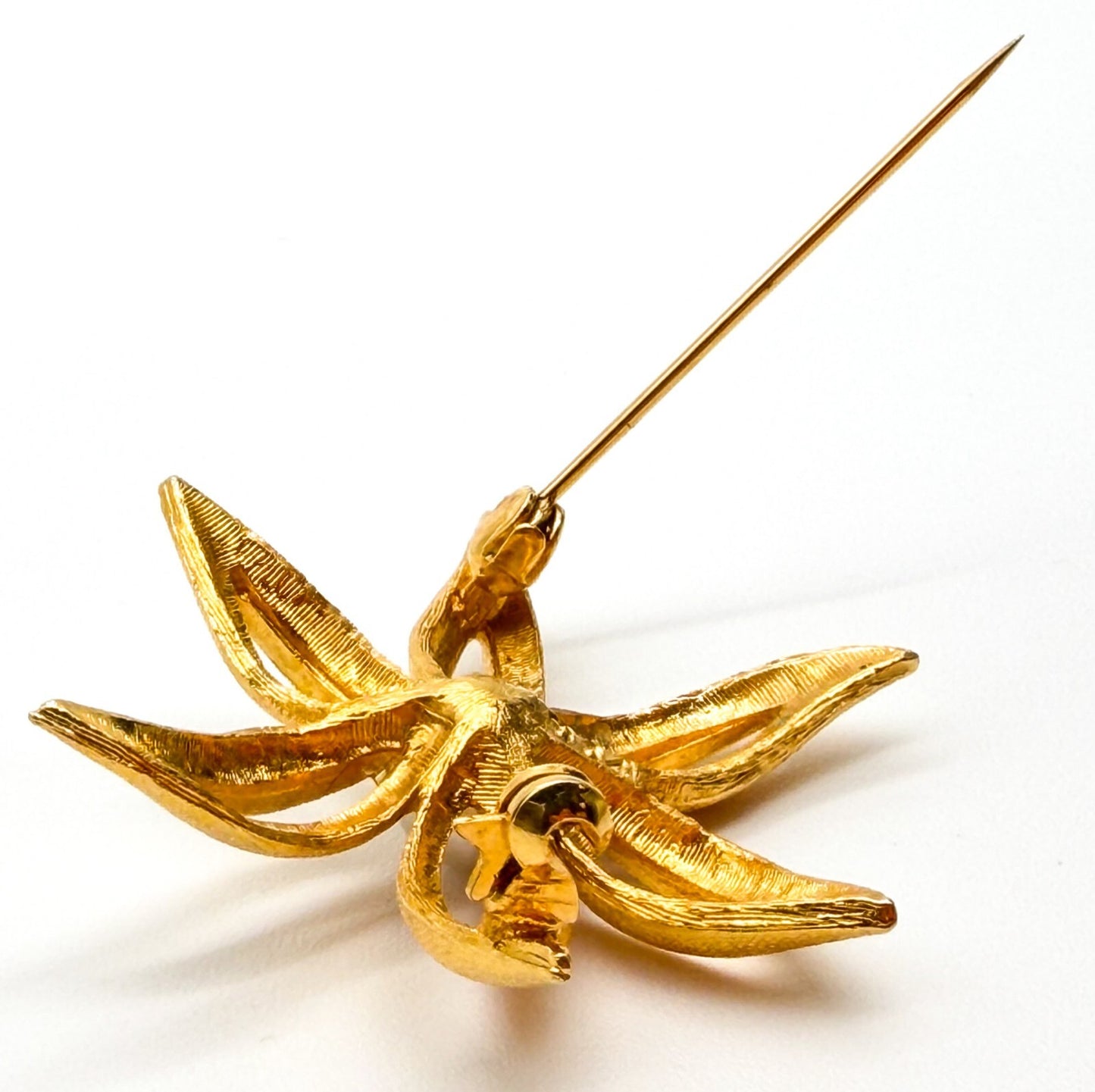 Vintage Sphinx Gold Tone Flower Brooch Faux Pearl Centre Textured Floral Pin