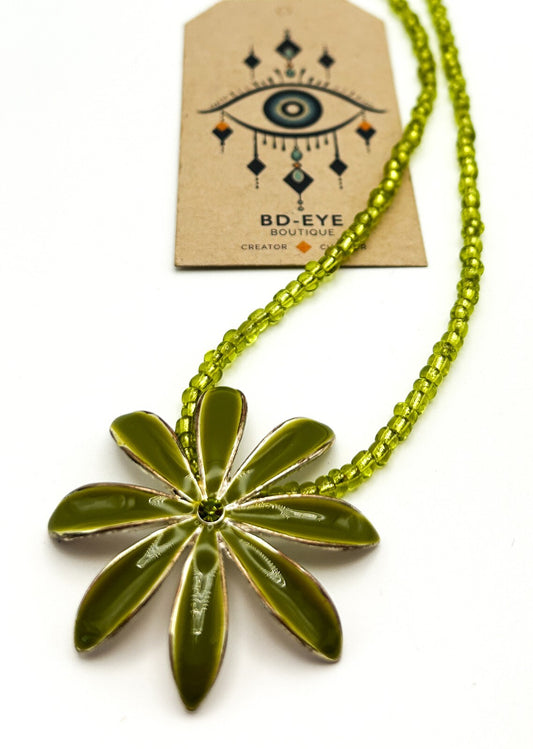 Lime Green Glass Beaded Necklace with Enamel Flower Pendant