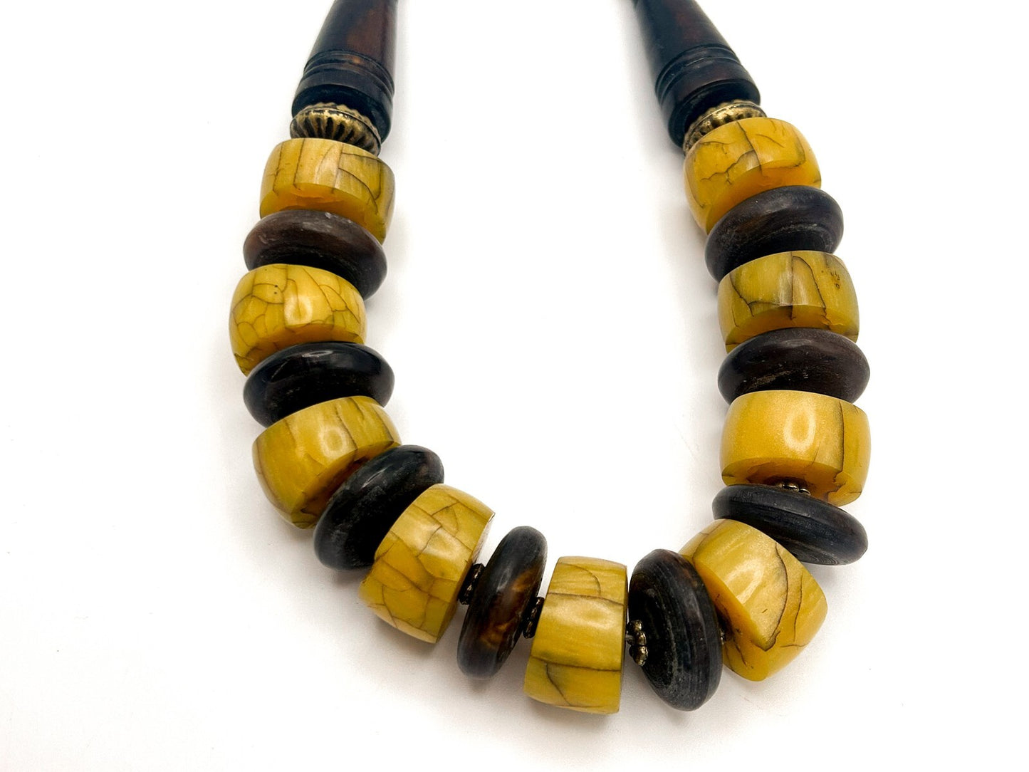 Vintage Dark Wood & Yellow Chunks Boho Necklace with Bronze Tone Accents