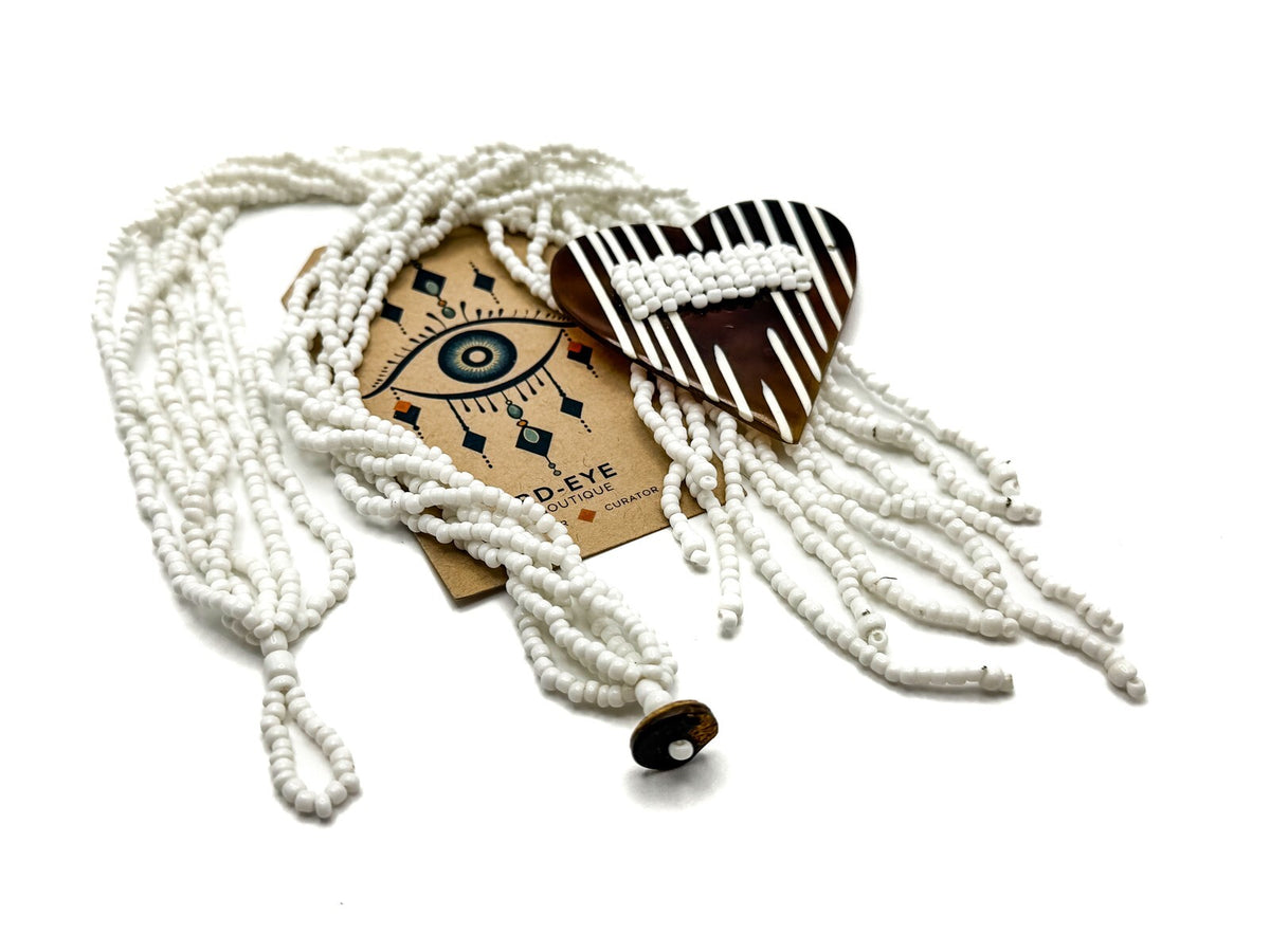Vintage Multi-strand White Seed Bead Brown Striped Heart Pendant Tassel Necklace