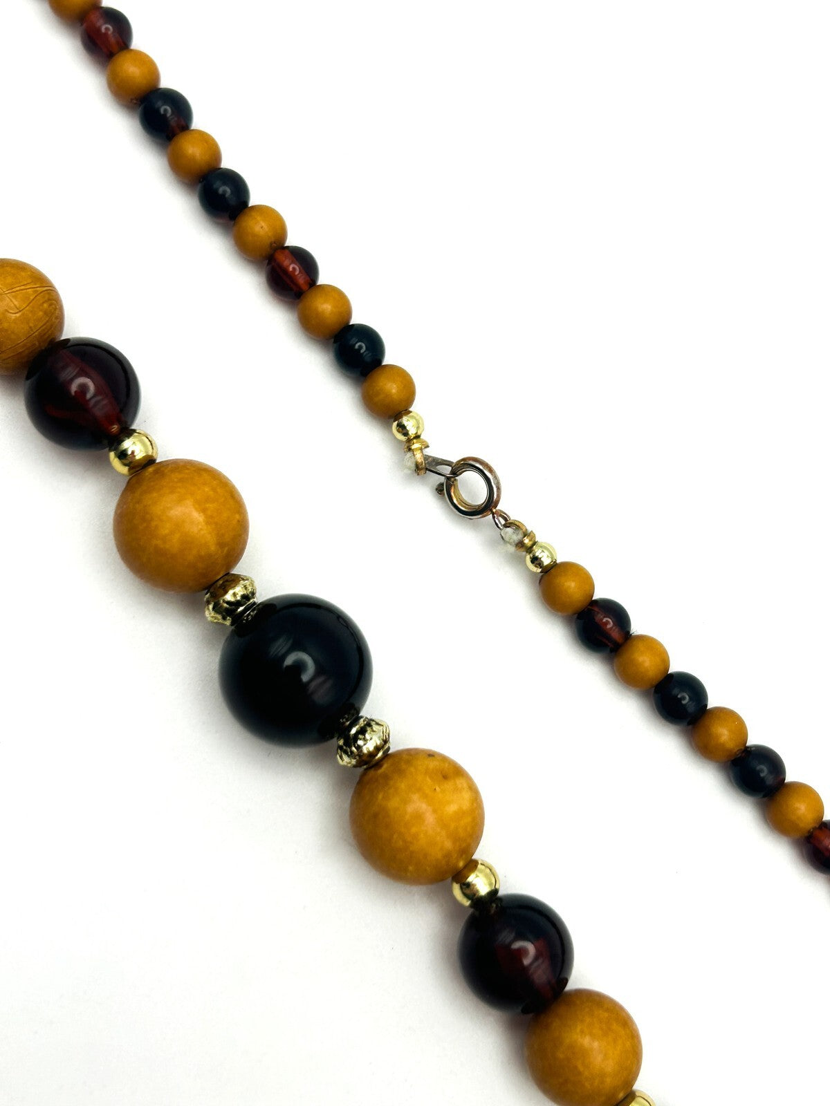 Vintage Wood and Brown Acrylic Beaded Necklace with Gold Tone Spacers 18.5”