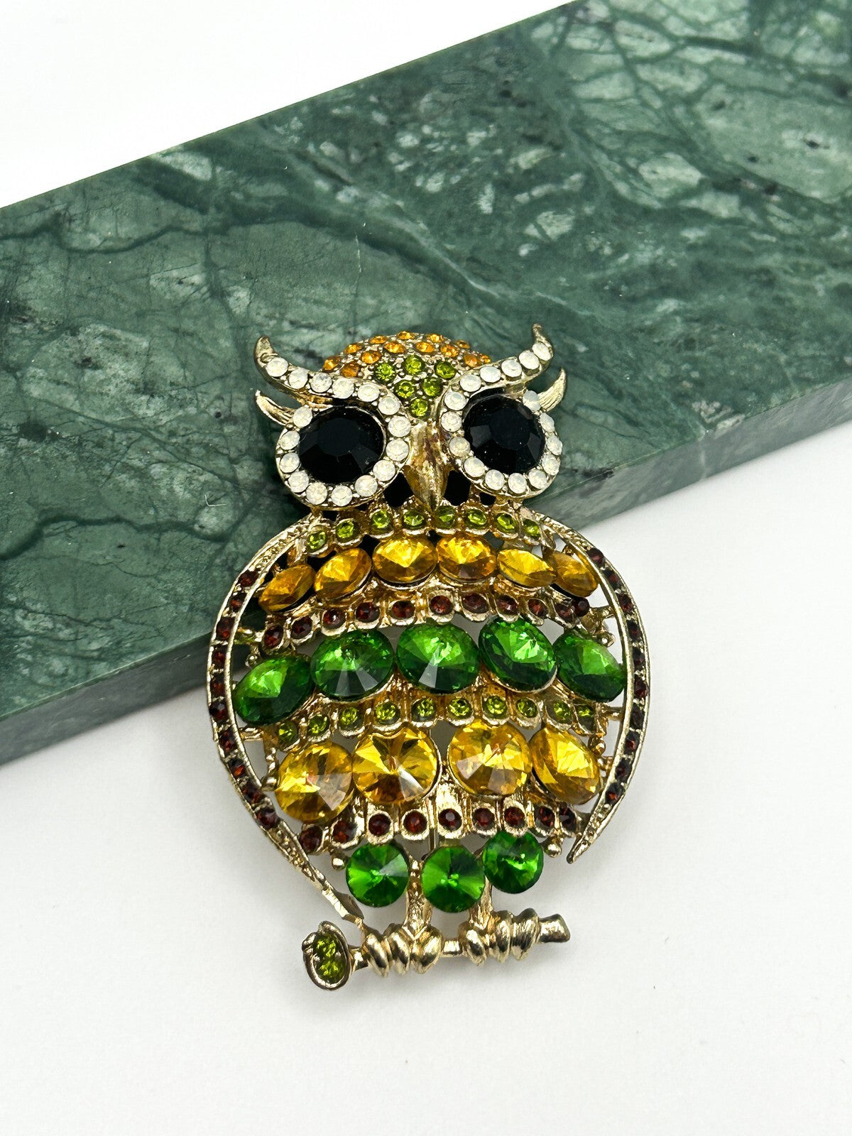Owl Brooch Gold Tone Green Amber Rhinestone Animal Pin