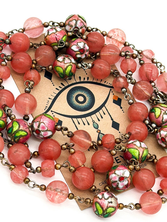 Vintage Pink Glass Bead Necklace Double Strand Cloisonné Accent Beads Summer