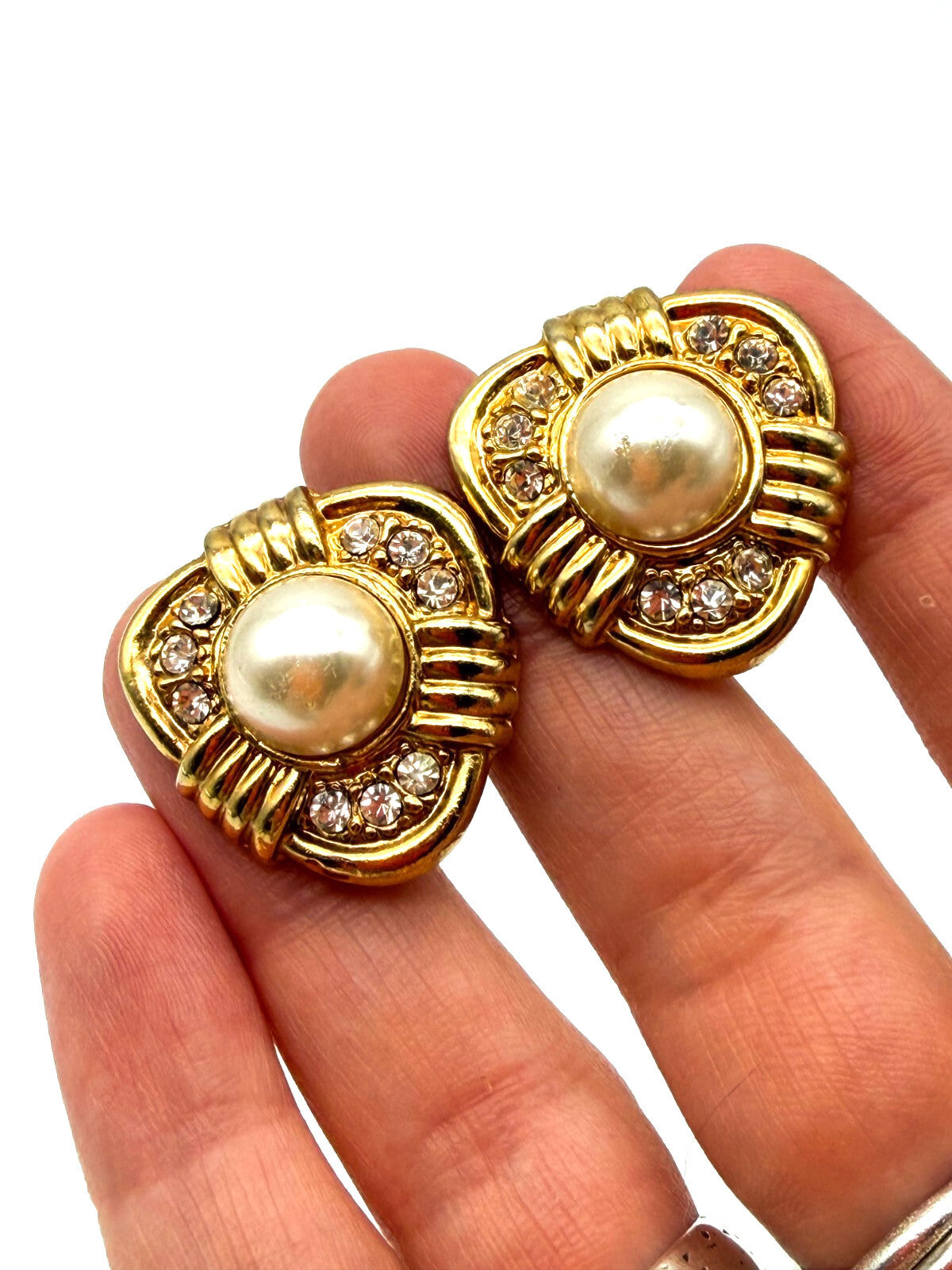 Vintage Gold Tone Faux Pearl Rhinestone Clip On Earrings Statement 1980s Retro