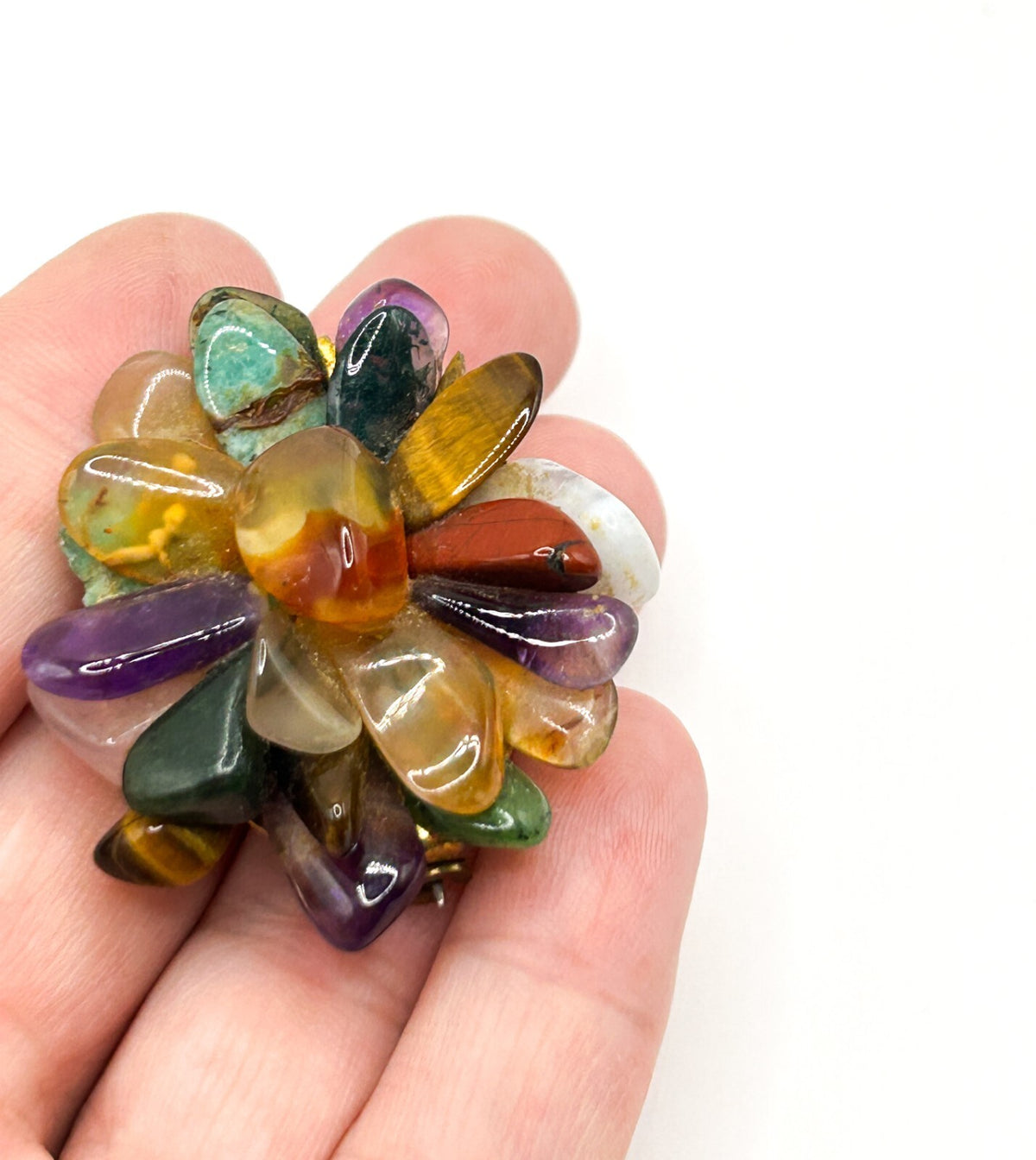 Vintage Semi Precious Gemstone Cluster Brooch Amethyst Carnelian Tigers Eye