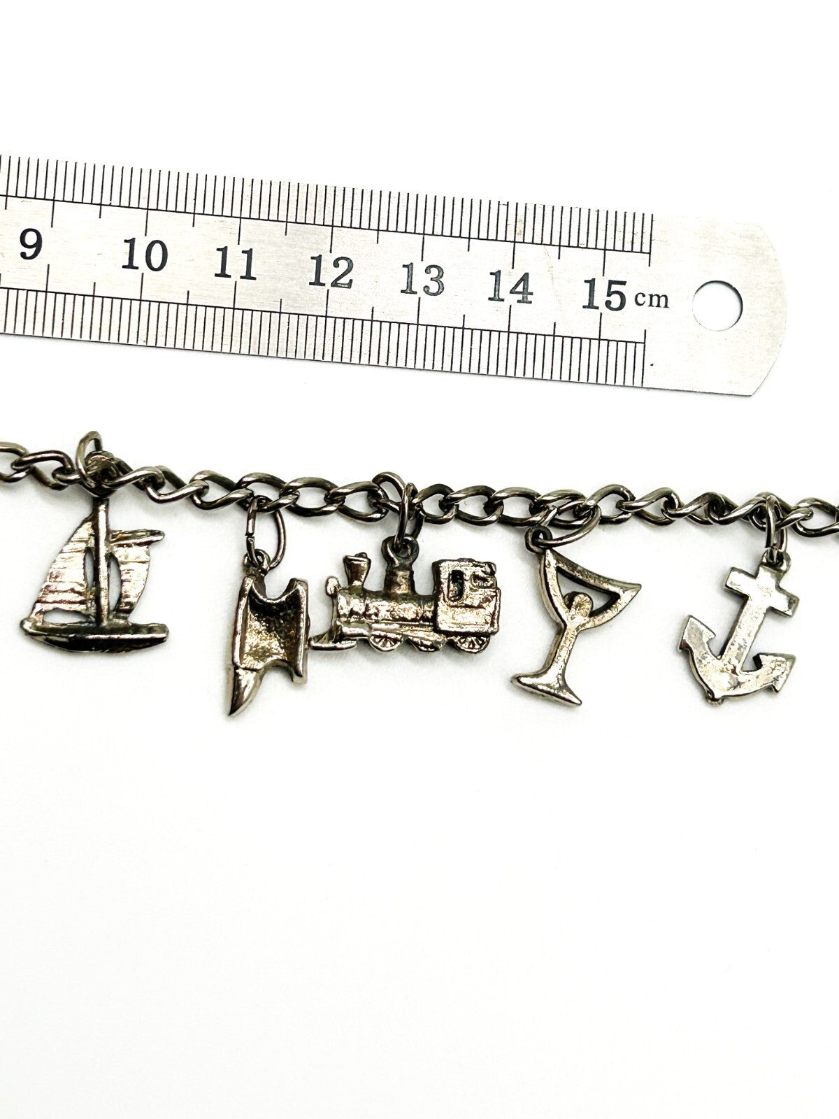 Travel Charm Bracelet Silver Tone Souvenir Holiday Theme 7” Boat Train Globe Key
