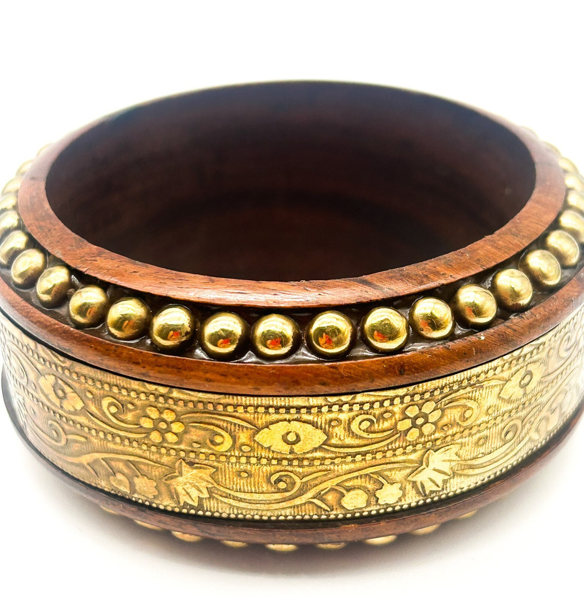 Vintage Dark Wood Brass Bangle Wide Floral Embossed Studded Statement Bracelet