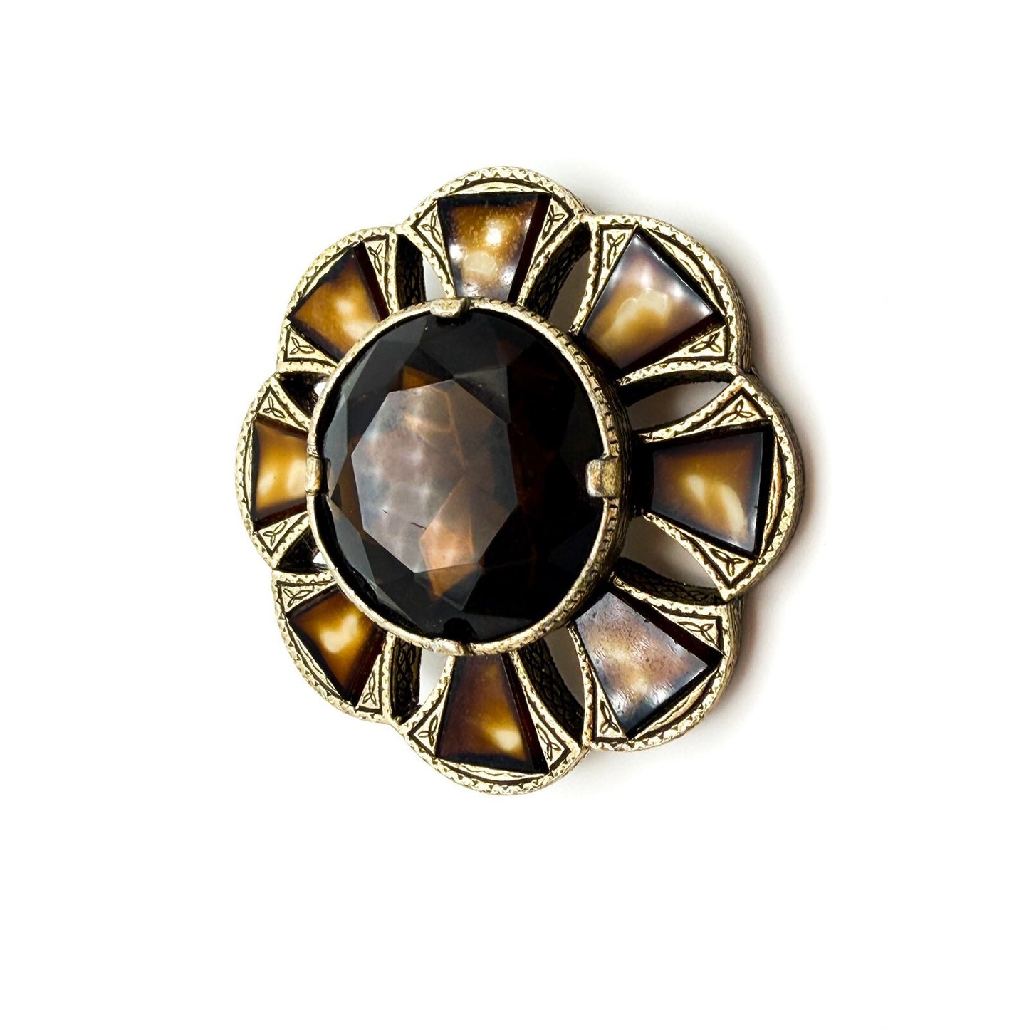 Signed Scottish MIRACLE Brooch Burnt Orange Brown Glass Cabouchons