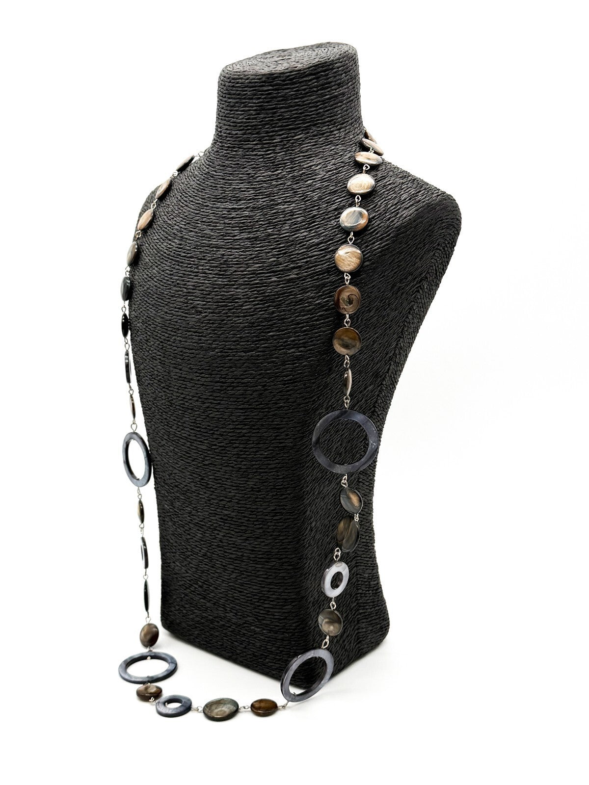Long Shell Disc Hoop Long Necklace Grey Brown Iridescent Statement Unsigned M&S