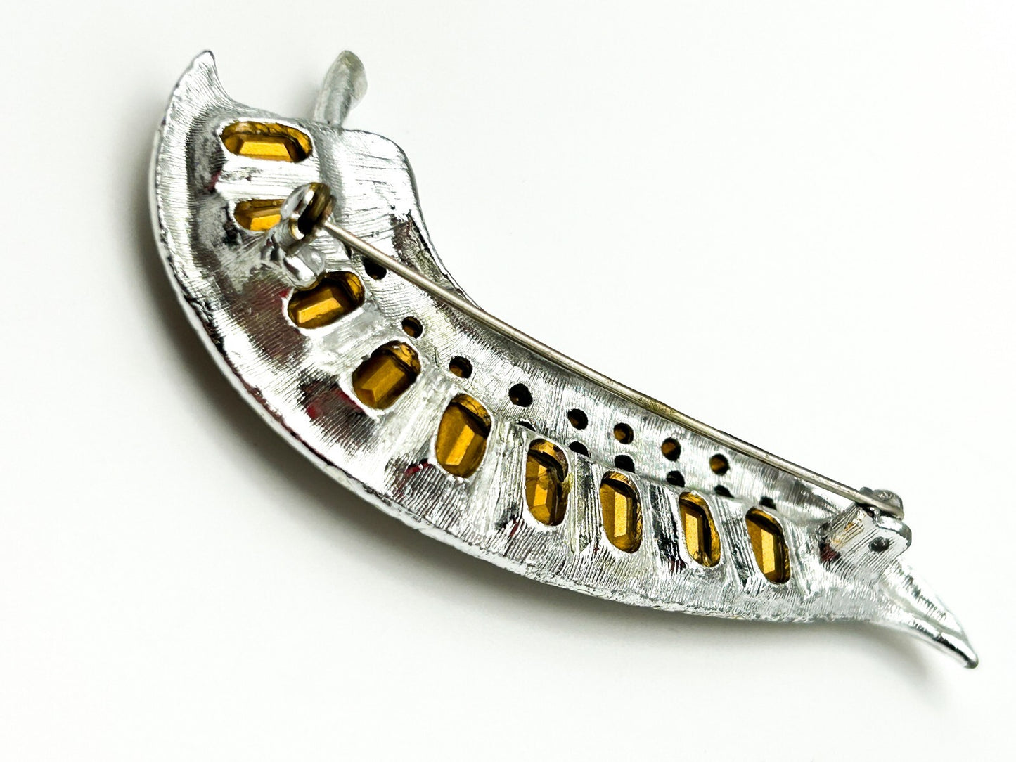 Vintage Silver-Tone Curved Rhinestone Statement Brooch