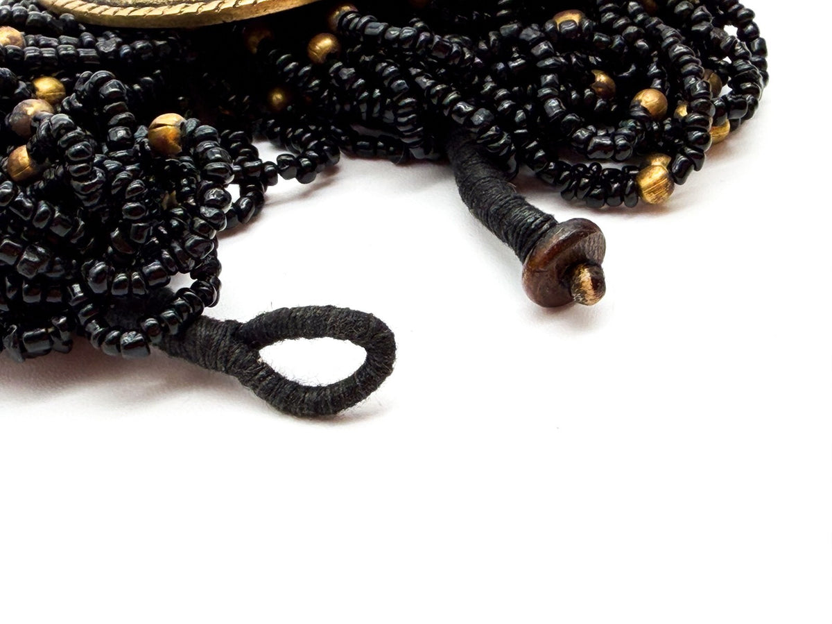 Vintage Chunky Black Seed Bead Bracelet Gold Tone Cabochon Statement Wide Cuff