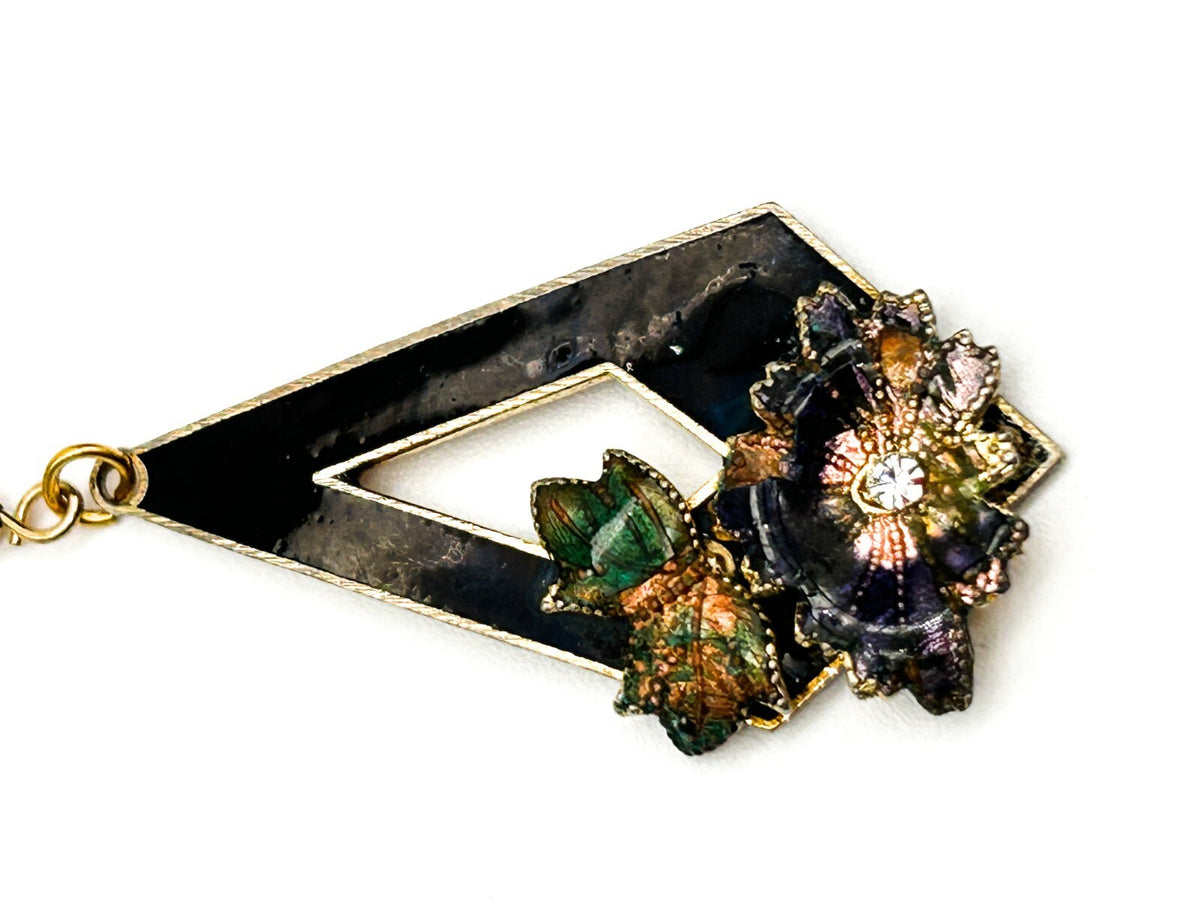 Vintage Cloisonné Floral Geometric Drop Earrings Rhinestone Detail Black Green
