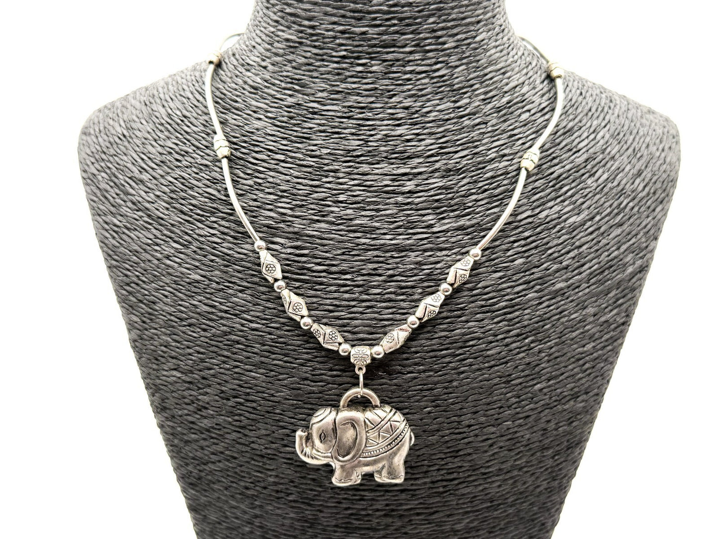 Elephant Pendant Necklace Silver Tone Beaded Tribal Boho Style Animal Charm Cute