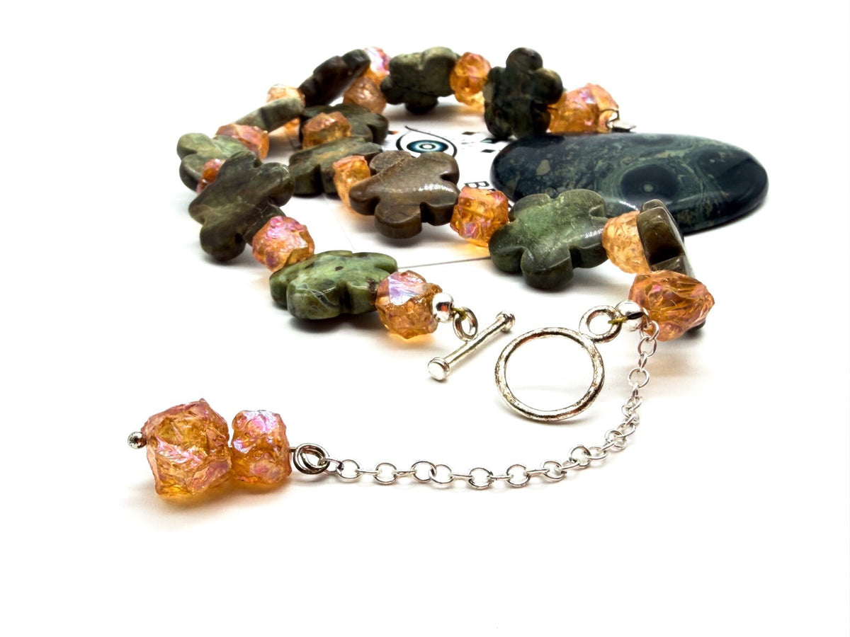 Serpentine Heart Necklace Jasper Bead Statement Chunky Green Pendant 17”