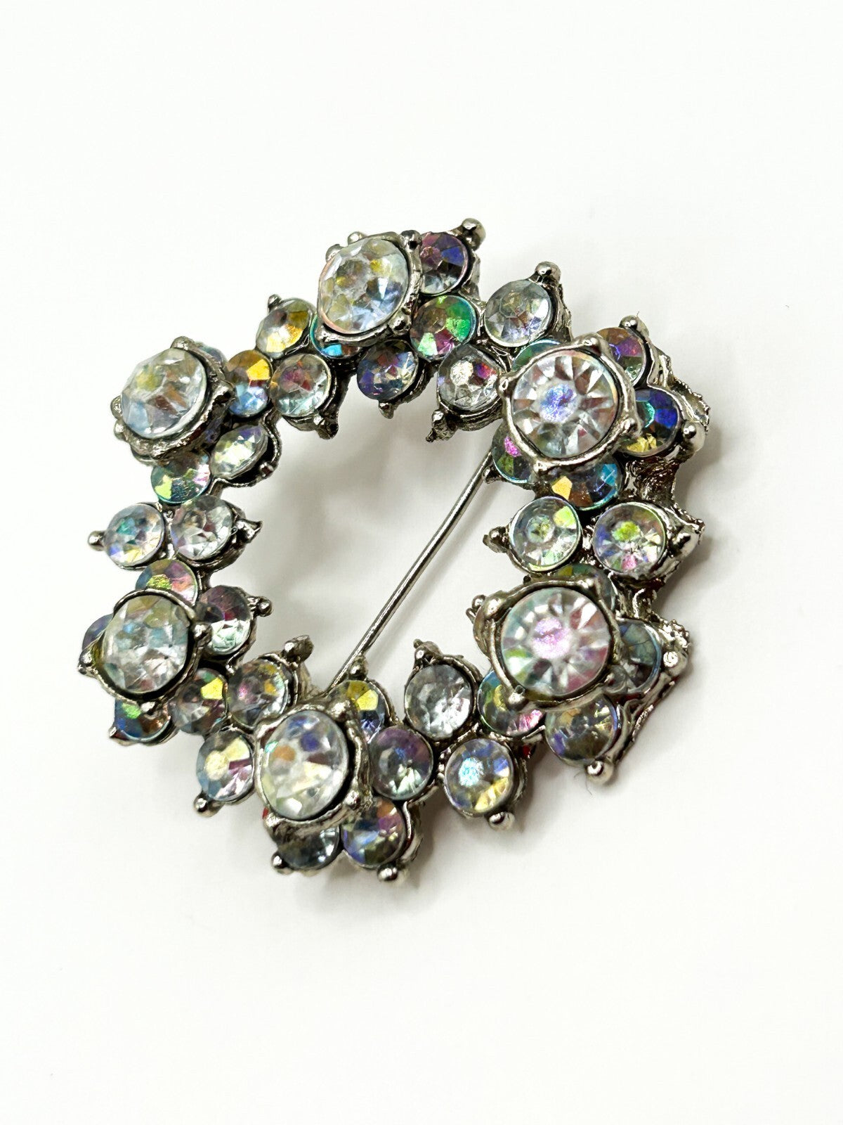 Vintage Aurora Borealis Rhinestone Wreath Brooch AB Crystal Silver Tone 1960s