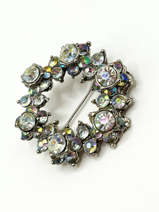 Vintage Aurora Borealis Rhinestone Wreath Brooch AB Crystal Silver Tone 1960s