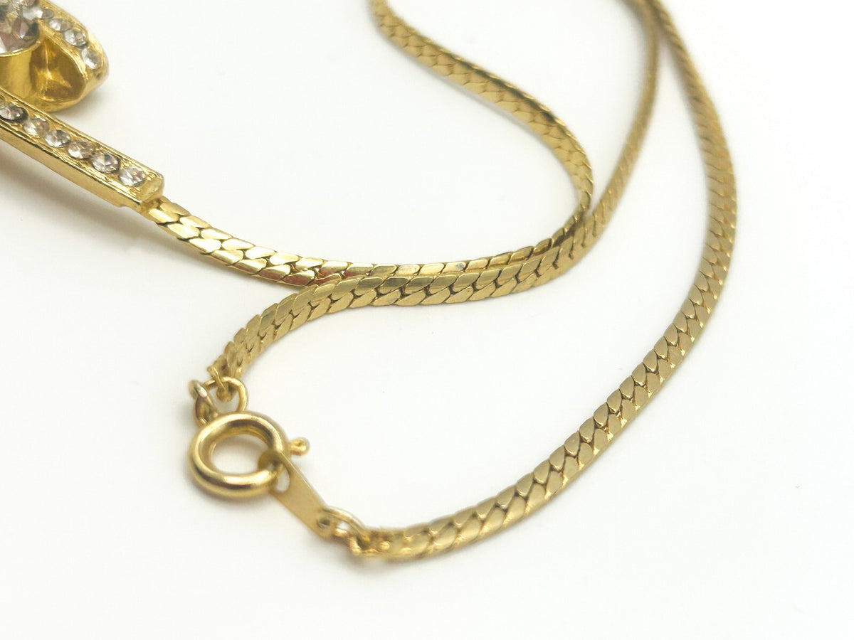 Vintage Gold Tone Zigzag Rhinestone Ribbon Swirl Necklace Dainty 80s