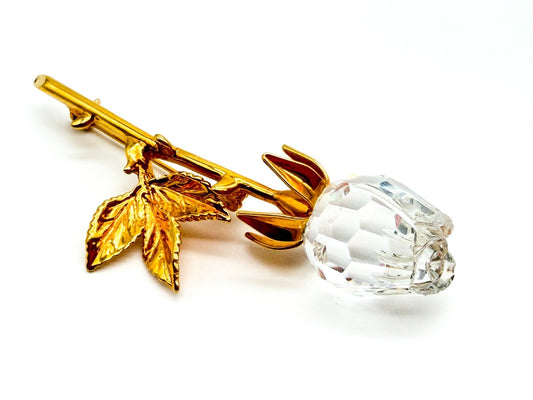 Vintage Large Gold Tone Rose Flower Brooch Pin Crystal Statement Floral