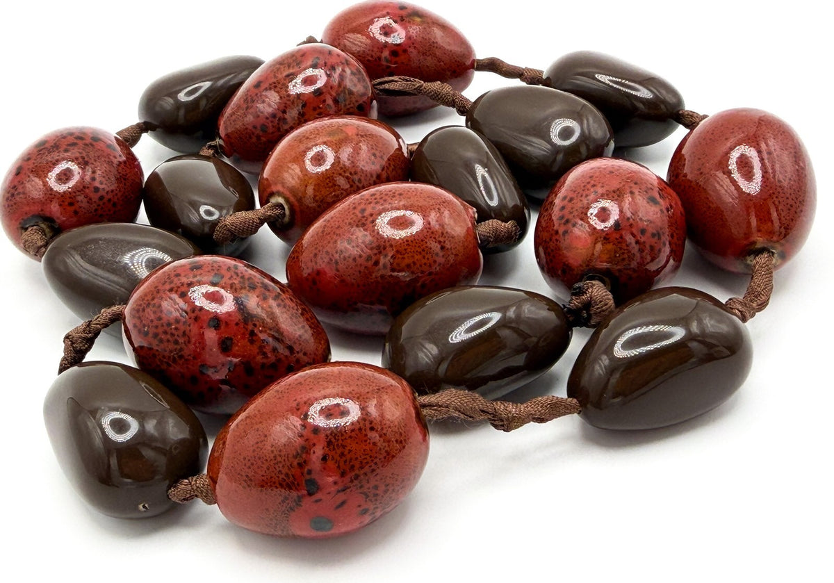 Chunky Red Ceramic & Brown Acrylic Long Statement Necklace – Heavy Cord Knotted