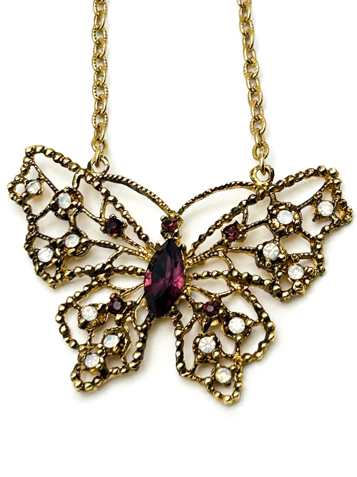Signed Hollywood Gold Tone Openwork Butterfly Rhinestone Necklace