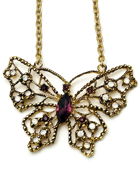 Signed Hollywood Gold Tone Openwork Butterfly Rhinestone Necklace
