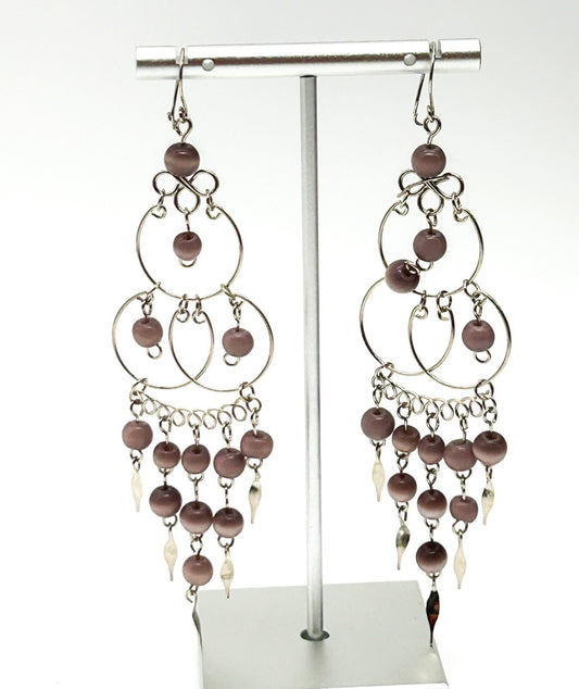 Peruvian Alpaca Necklace Earrings Set Mauve Glass Fringe Boho Chandelier Dainty
