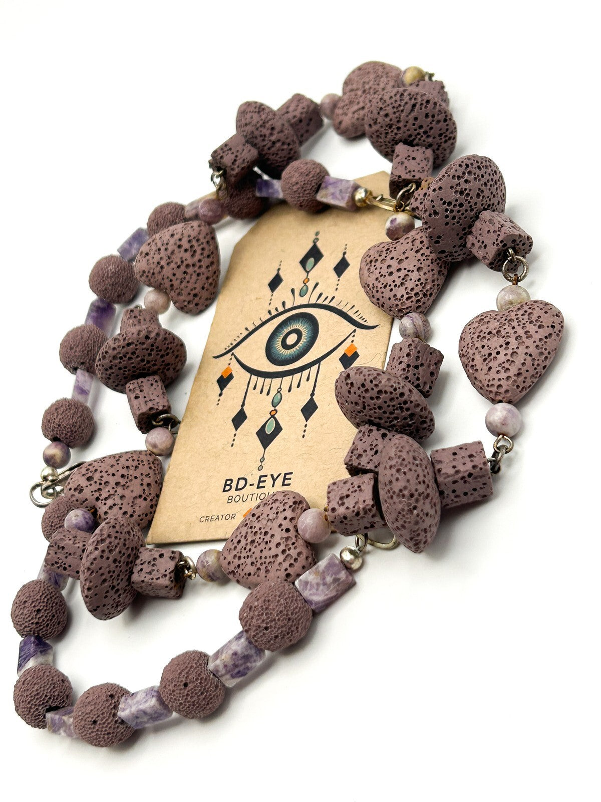 Dyed Purple Lava & Amethyst Bead Necklace – Hearts, Rounds  Cubes