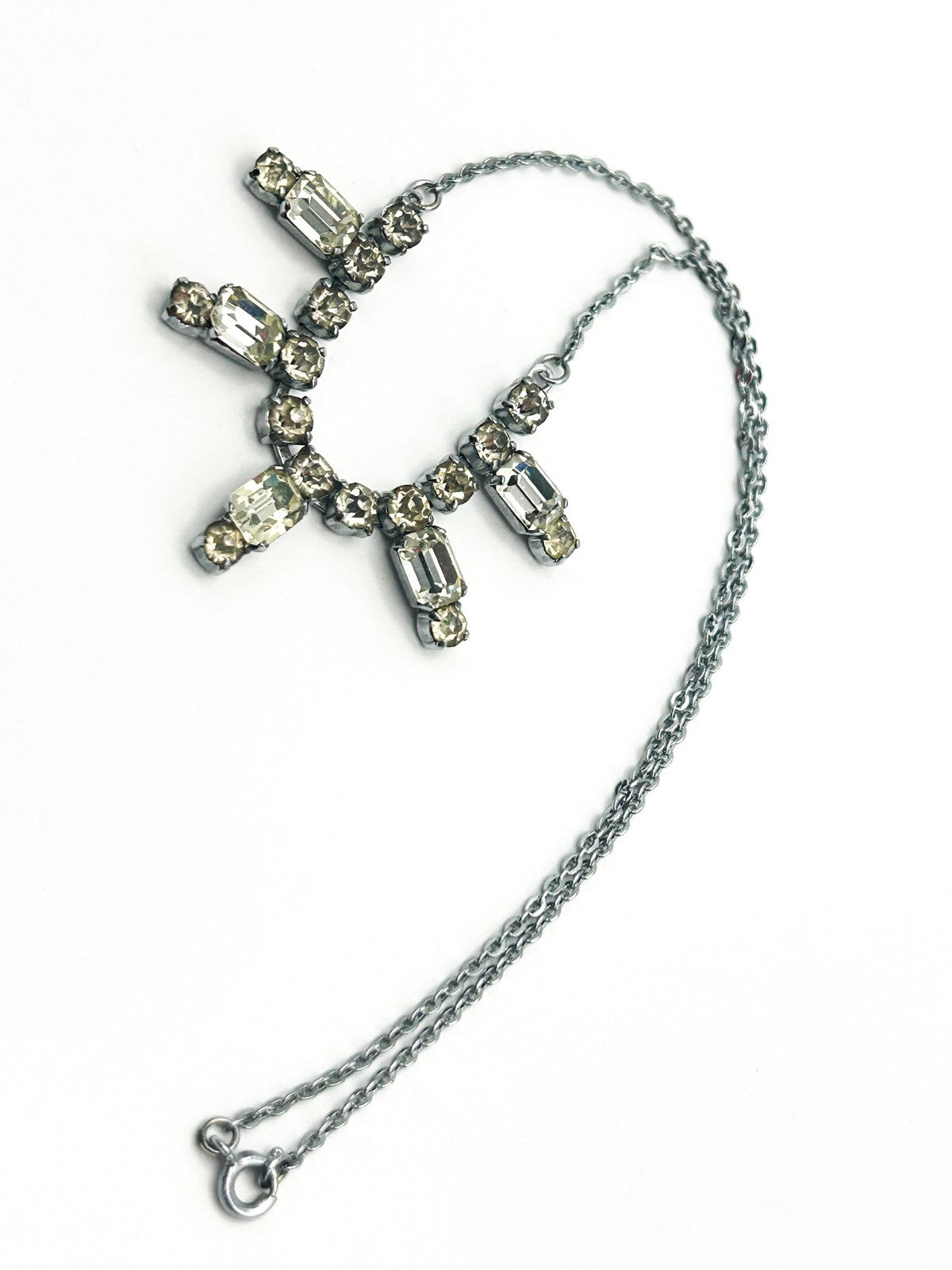 Vintage Silver Tone Rhinestone Drop Necklace with Articulated Glass Crystal