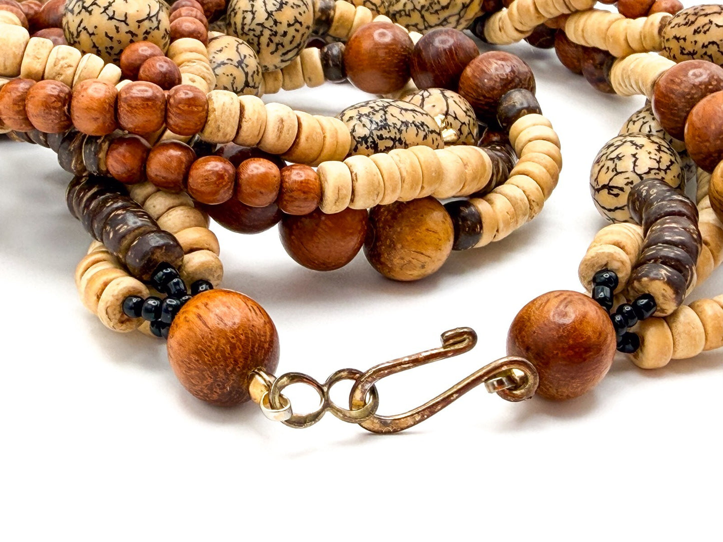 Four Strand Twisted Wood & Coconut Shell Disc Necklace with Gold Tone Boho