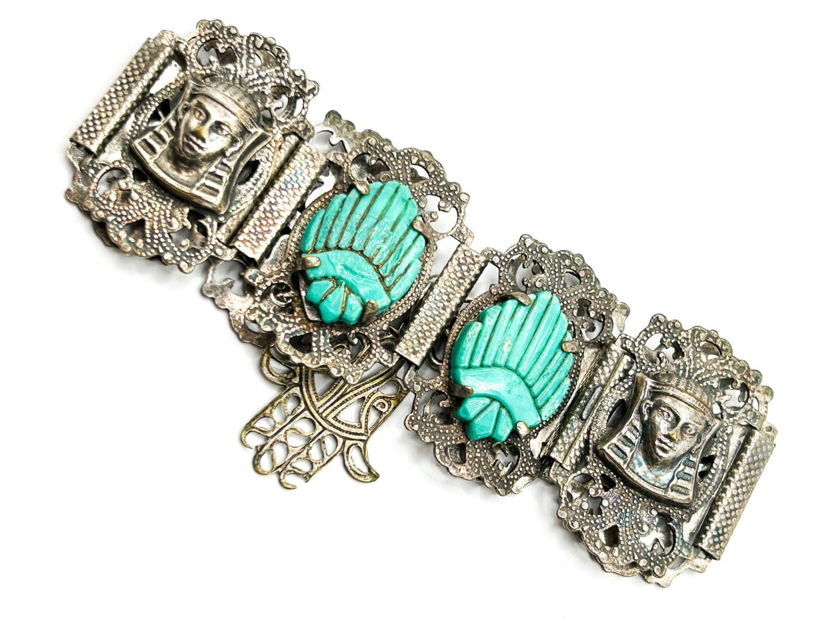 Vintage Egyptian Revival Pharaoh Scarab Panel Bracelet Turquoise Hamsa Tourist
