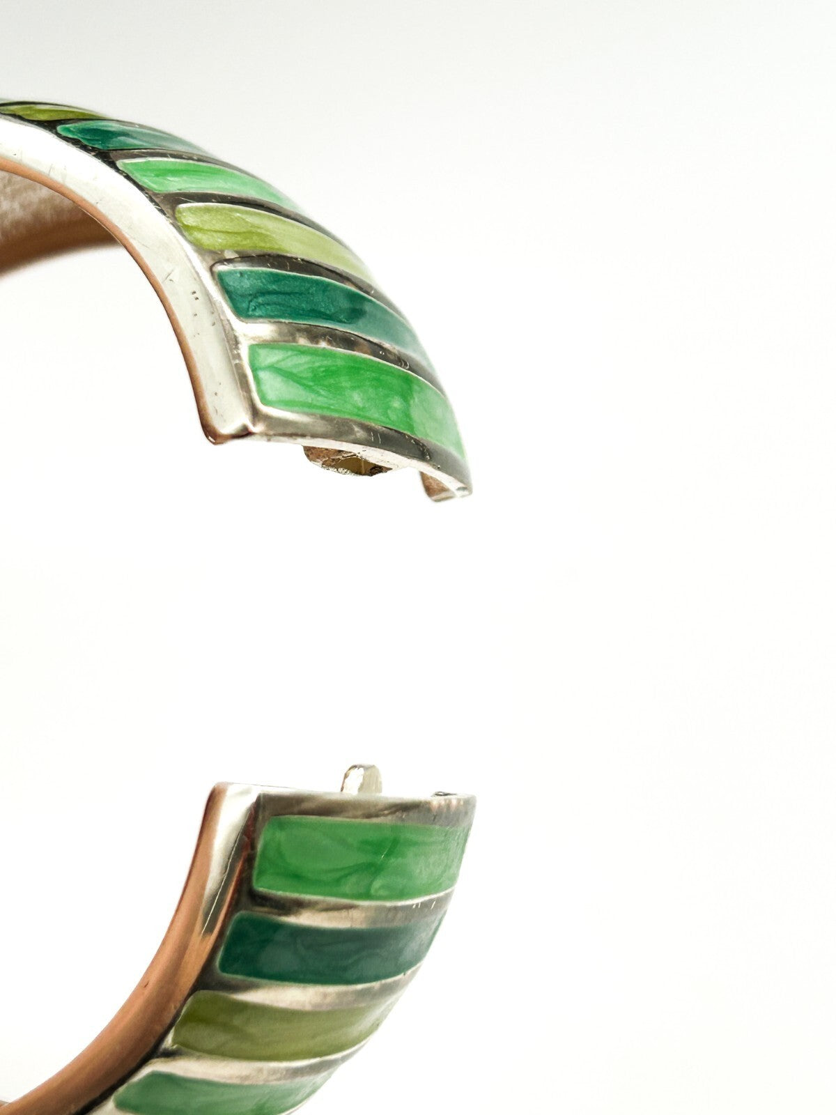 Green Striped Enamel Domed Clamper Bangle Silver Tone Statement Bracelet