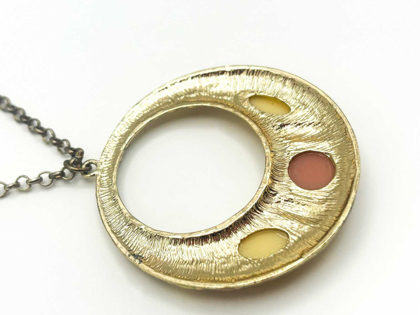 Vintage Gold Tone Hoop Pendant Necklace with Pink & Cream Cabochons – Statement