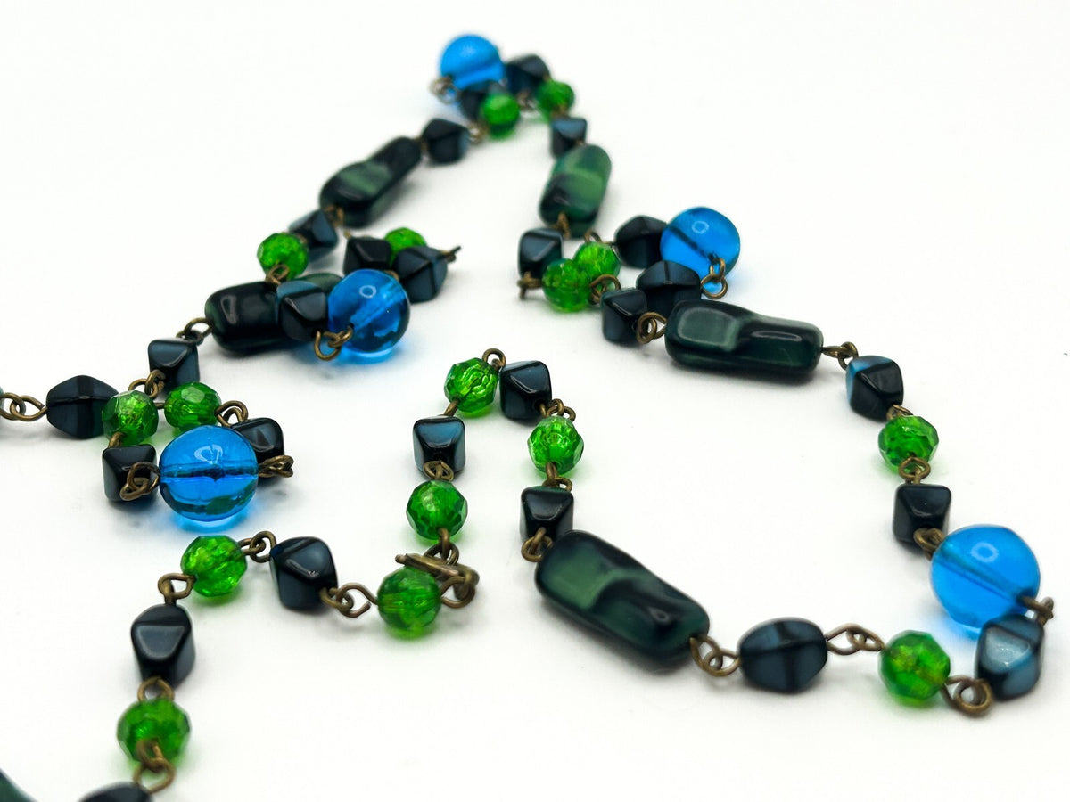 Vintage Blue and Green Glass and Acrylic Long Beaded Necklace