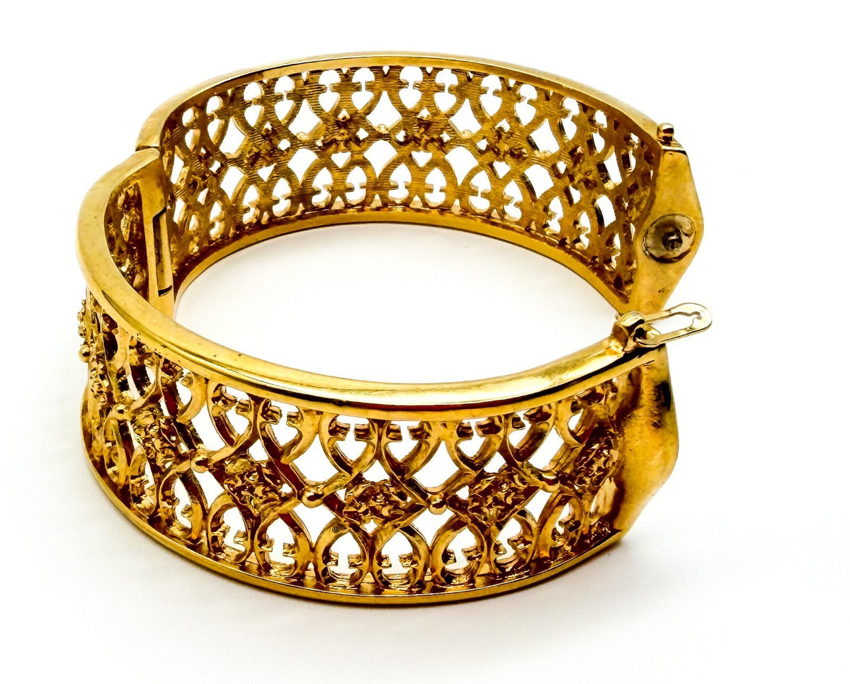 Past Times Gold Tone Bangle Filigree Openwork Hinged Bracelet Ornate