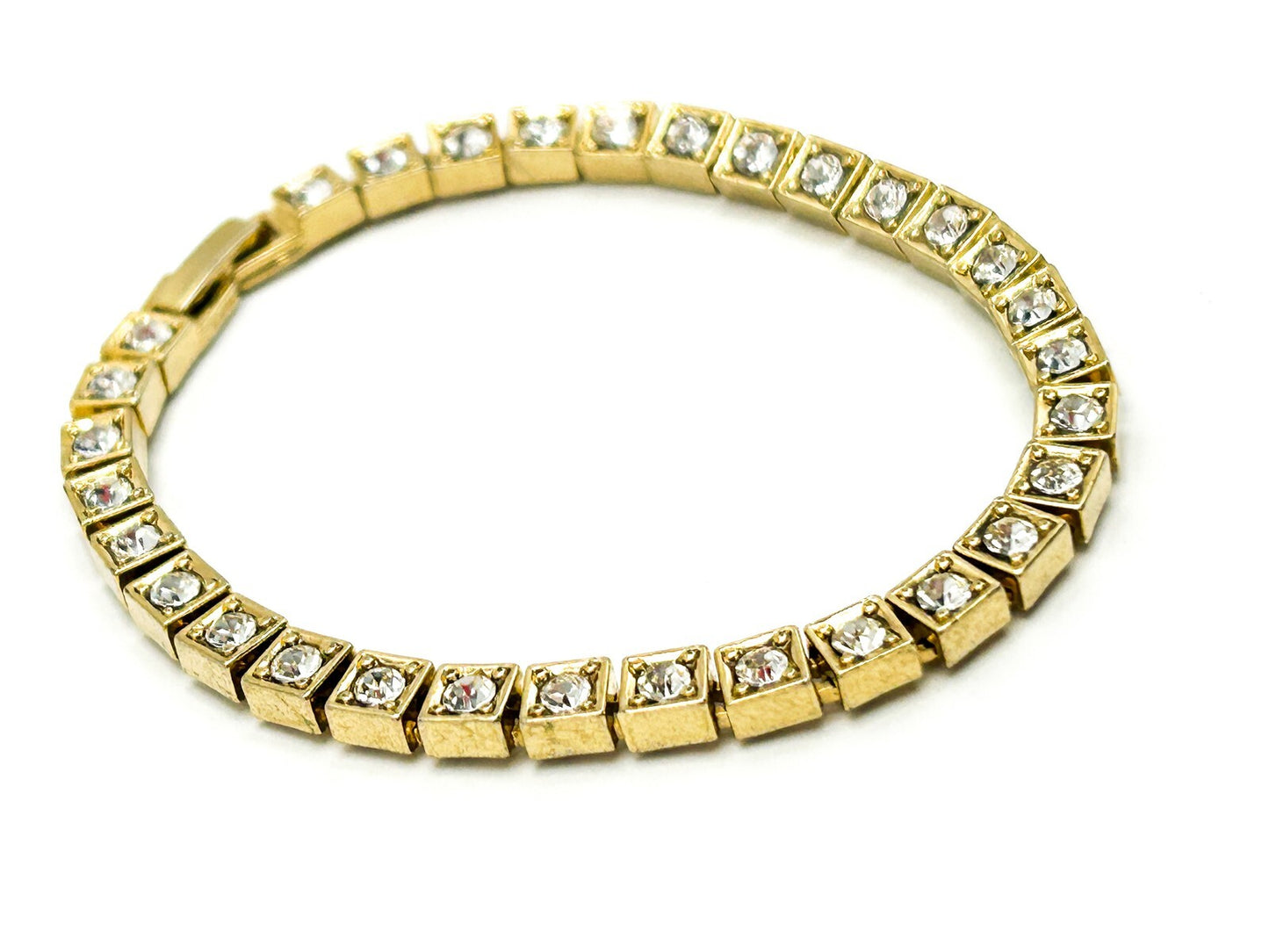 Gold Tone Tennis Bracelet Square Rhinestone Crystal Articulated Link 7.5”