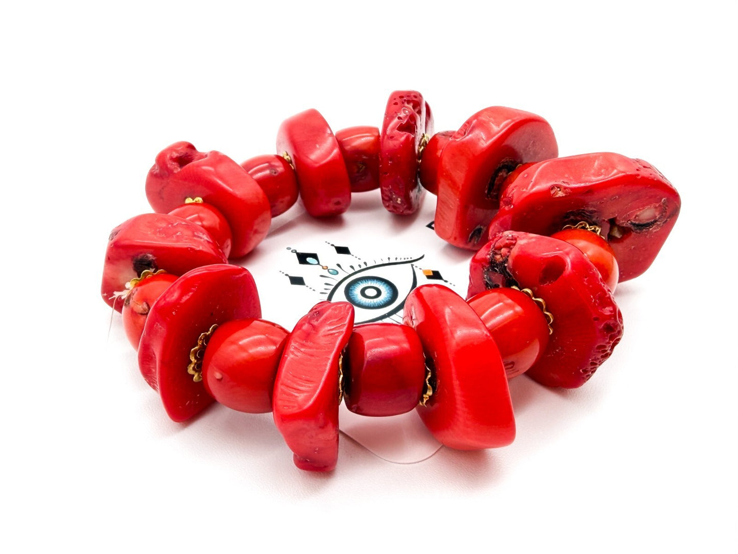 Chunky Red Coral Bracelet Elastic Stretch Statement Bracelet Gold Tone 103g
