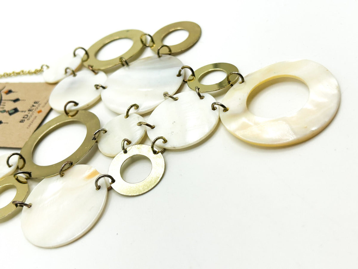 Y2K Gold Tone Statement Necklace Mother of Pearl Disc Hoop Bib Chunky 90s 2000s