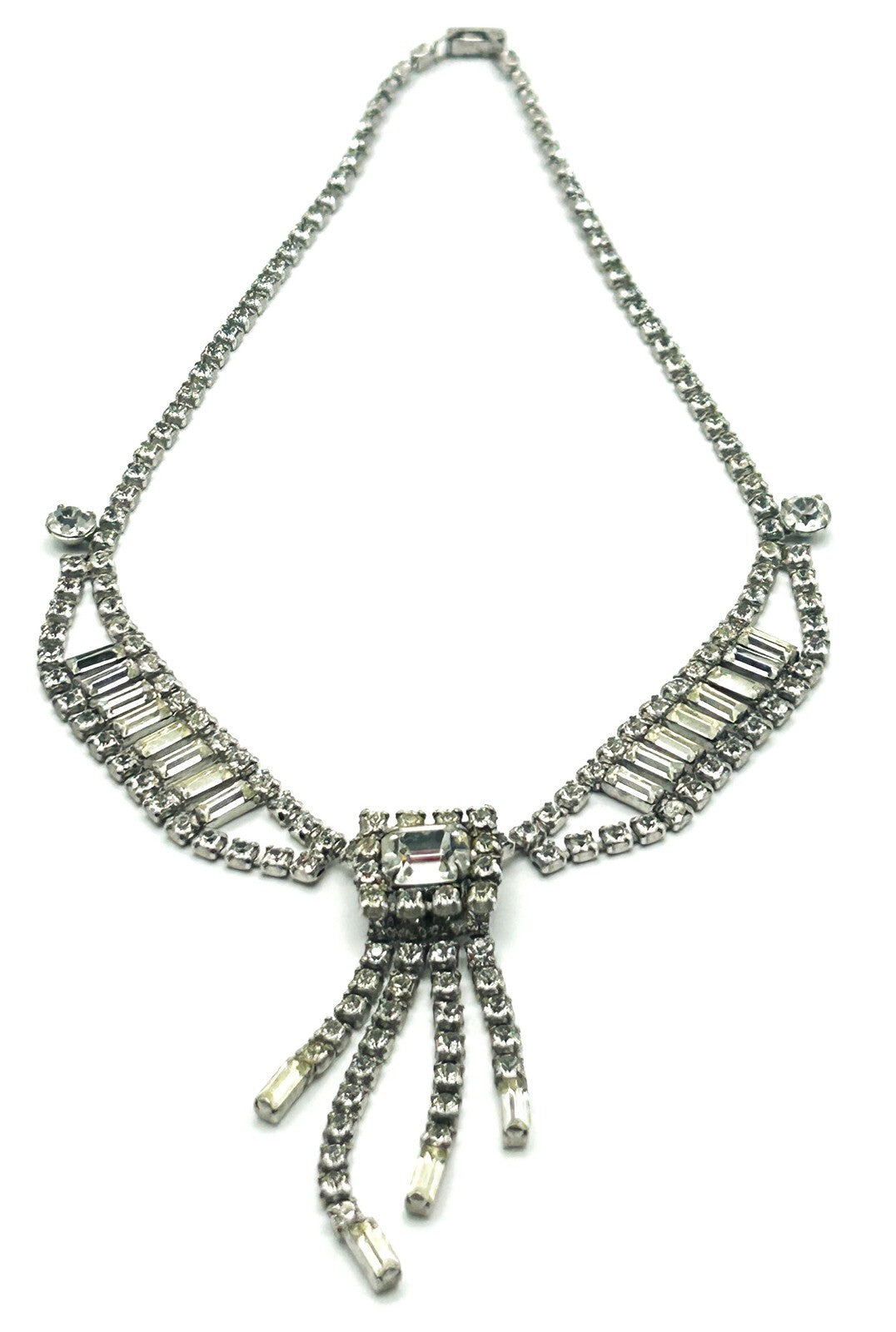 Vintage Rhinestone Waterfall Necklace Baguette Statement Tassel Drop 16”