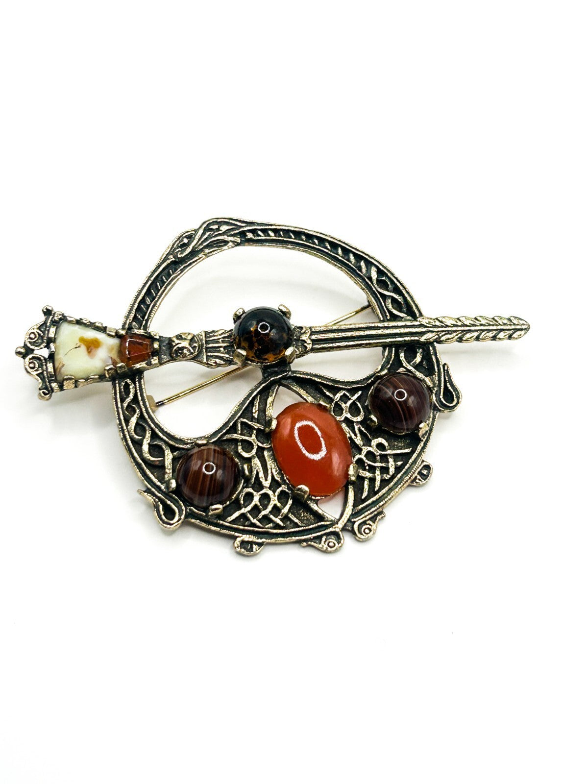 Miracle Celtic Brooch Vintage Faux Carnelian Agate Glass Penannular Cloak Pin